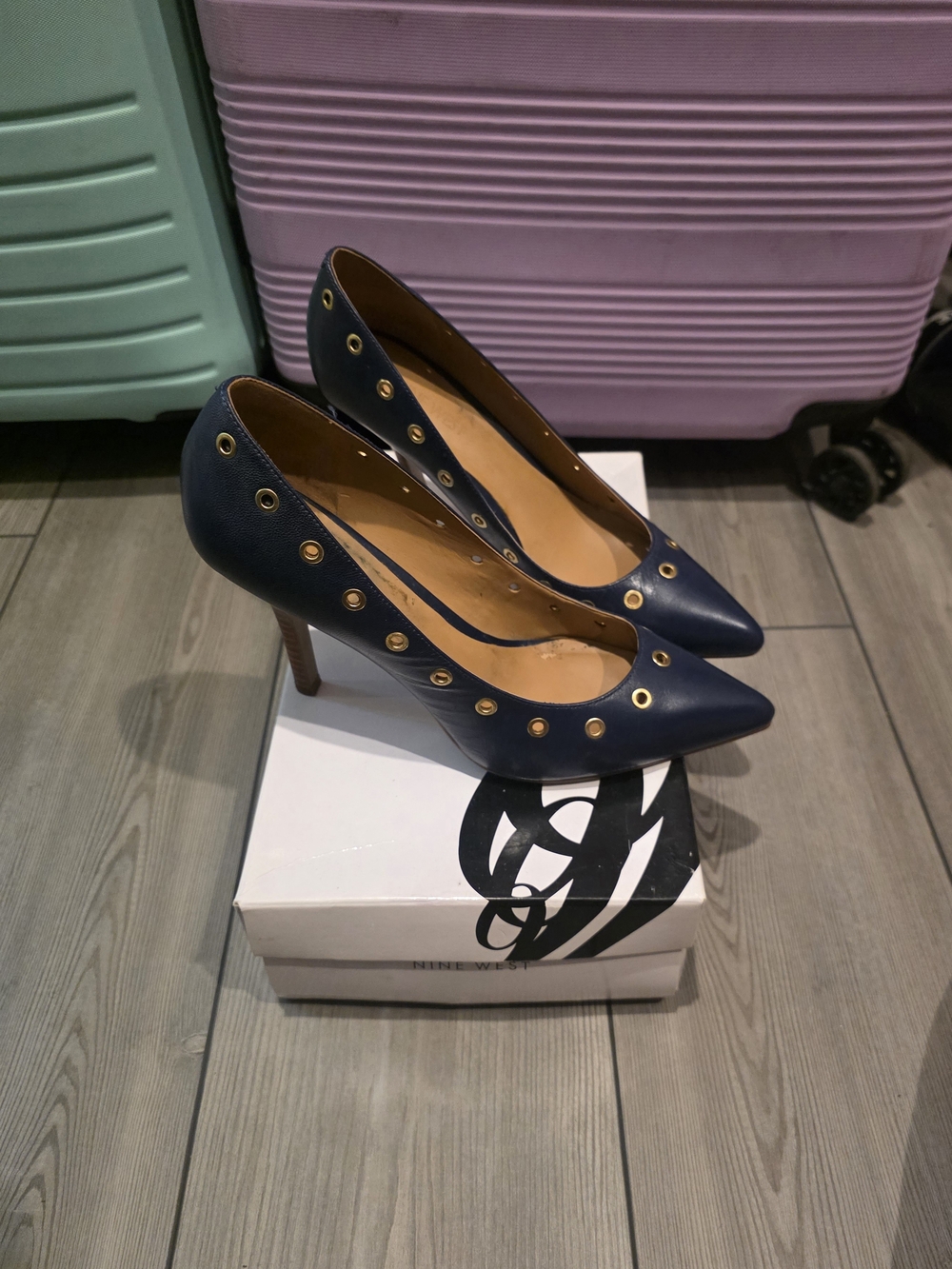 Nine West Navy Pointed Toe Heels with Gold Grommets